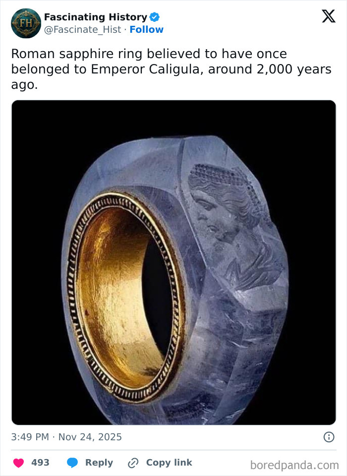 Roman sapphire ring with intricate carving and gold interior, a historical treasure showing advanced ancient craftsmanship.