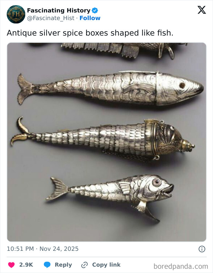 Antique silver spice boxes shaped like fish, showcasing historical treasures that reveal past advanced craftsmanship.