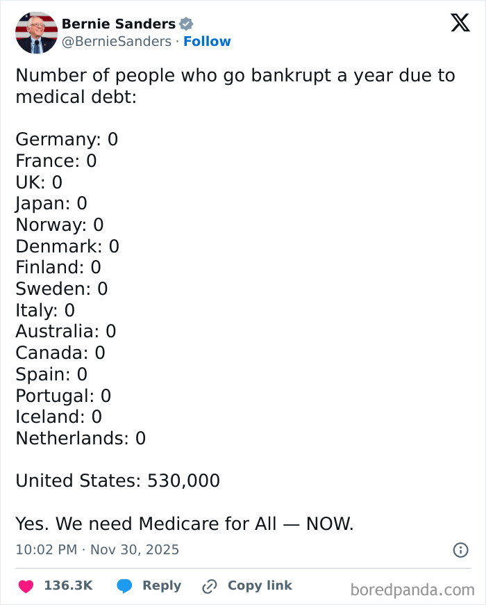 Tweet highlighting medical debt bankruptcies in the US versus zero in many countries, linked to social media posts about politics.