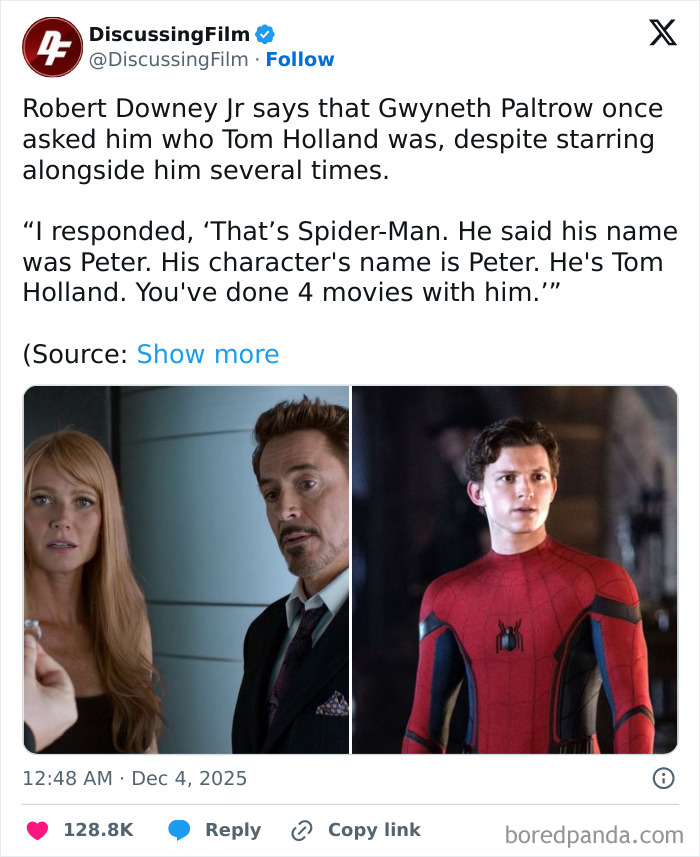 Screenshot of a tweet about movie and film industry memes featuring Robert Downey Jr and Tom Holland as Spider-Man.