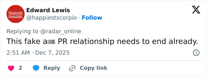 Screenshot of a Twitter reply criticizing a rumored Hollywood PR relationship involving Kylie Jenner and her boyfriend. Screenshot of a Twitter reply criticizing a rumored Hollywood PR relationship involving Kylie Jenner and her boyfriend.