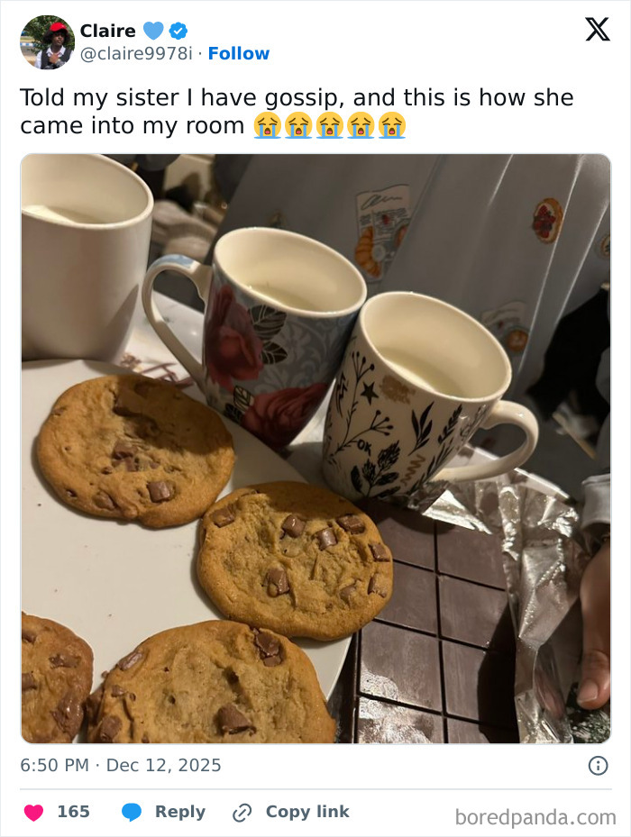 Three mugs of milk, chocolate chip cookies on a plate, and a partially unwrapped chocolate bar illustrating funny and relatable memes.