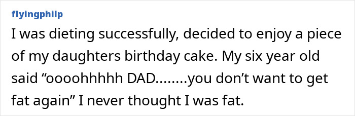 Screenshot of a social media post where a dad shares a funny kid roast about dieting and not wanting to get fat again.