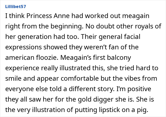 Comment discussing senior royals' harsh opinions of Meghan Markle, revealing lip reader insights on their disapproval.