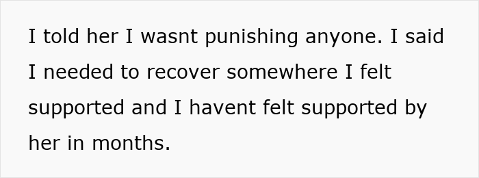 Text on screen showing a message about not punishing and needing support after wife misses hubby&rsquo;s surgery.