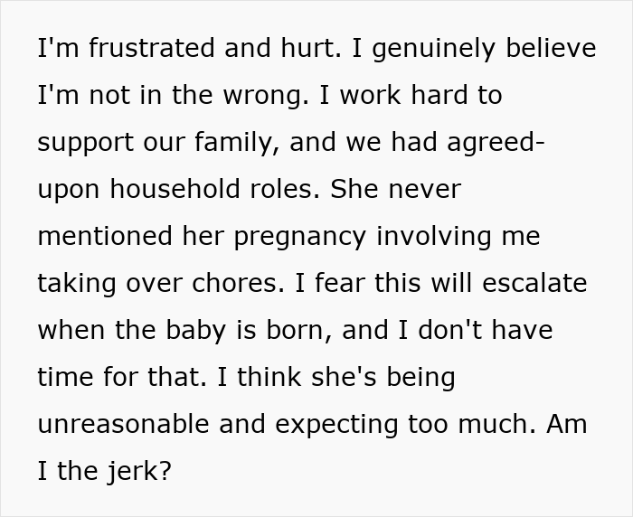 Alt text: Frustrated man refusing to help pregnant wife, believing breadwinner role exempts him from household chores.