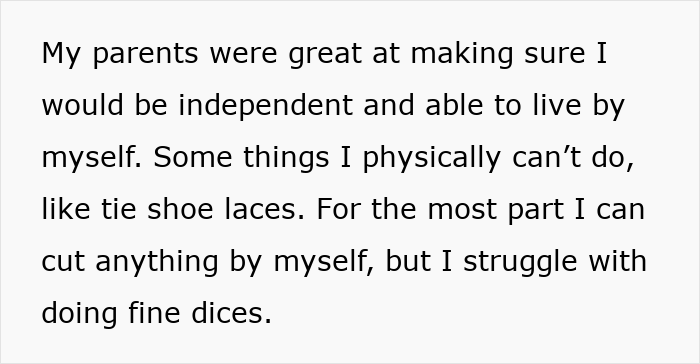 Text about independence and struggle to do fine dicing, related to a guy with one arm cutting vegetables.