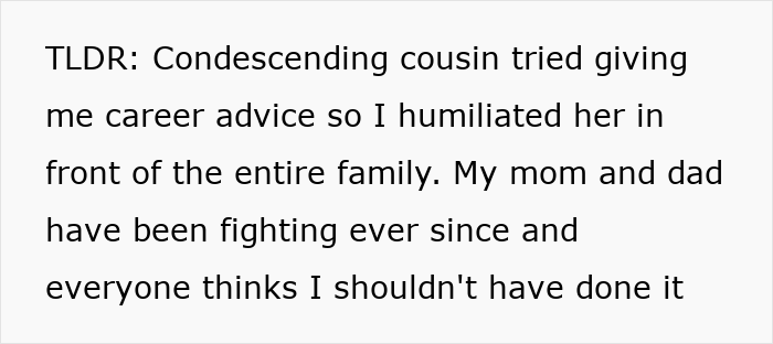Text about a jobless 36-year-old dragging parents into competition with PhD cousin, causing family conflict and loss of savings.