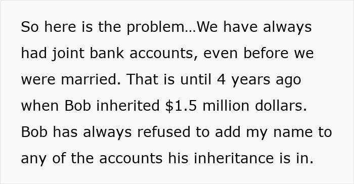 Text describing husband lying about inheritance of 1.5 million, refusing to share with wife who cares for him.