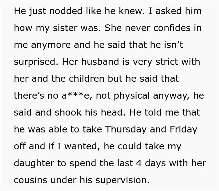 Text conversation about a woman refusing to let her daughter near her brother-in-law due to a horrible feeling. Text conversation about a woman refusing to let her daughter near her brother-in-law due to a horrible feeling.