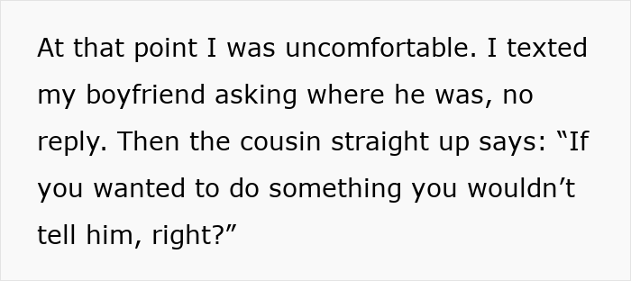 Alt text: Text message conversation showing discomfort during a loyalty test involving cousin hitting on girlfriend, causing feelings of disrespect.
