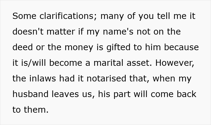 Text excerpt explaining in-laws' gift meaning husband only, clarifying expectations about family money and marital assets.