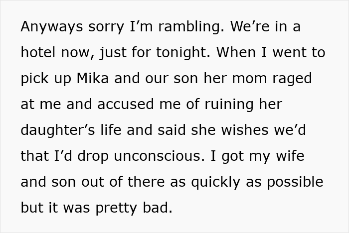 Text excerpt describing grandparents kicking young family out for refusing to leave toddler behind during medical school conflict.