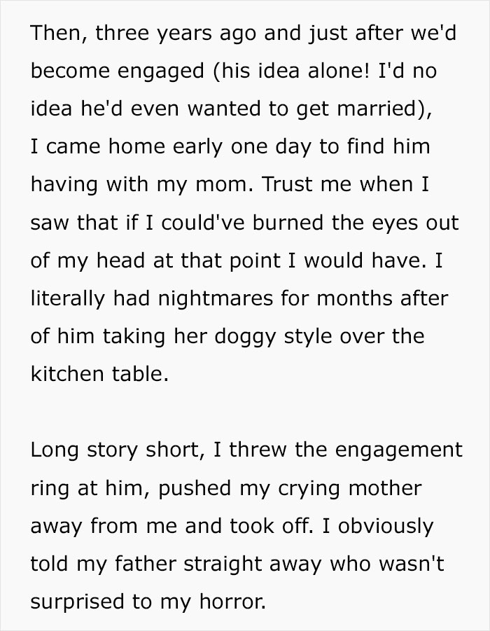 Text excerpt describing a woman cutting off parents after catching mom with her fiancé and facing backlash.
