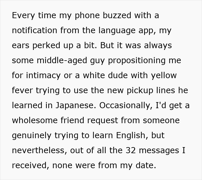 Text describing frustration with dating app notifications from inappropriate suitors after a perfect first date abroad.