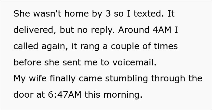 Text message describing a wife arriving home late after no replies, linked to cheating and husband leaving situation.