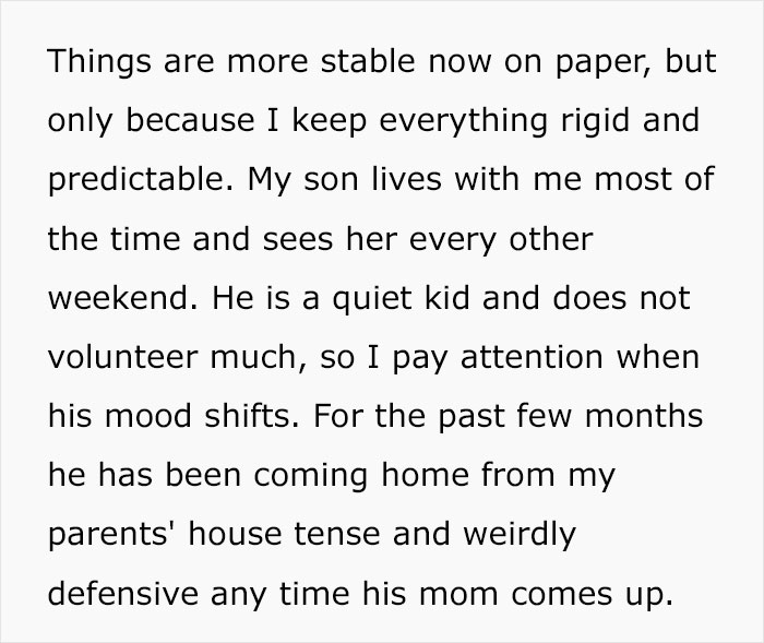 Text describing a kid feeling tense and defensive after grandparents guilt trip about his mom causing family tension.