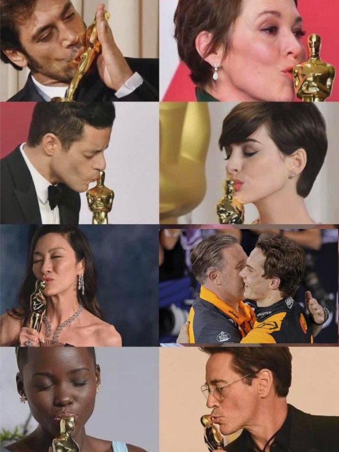 Celebrities from diverse backgrounds kissing and celebrating with their Oscar trophies, embracing the win and elite club spirit.
