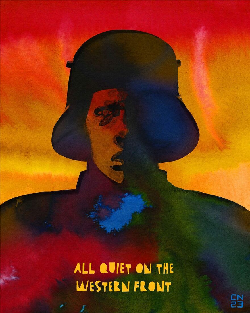 Abstract painting of a soldier in dark helmet with vibrant red, yellow, and blue background representing international films redefining modern cinema.