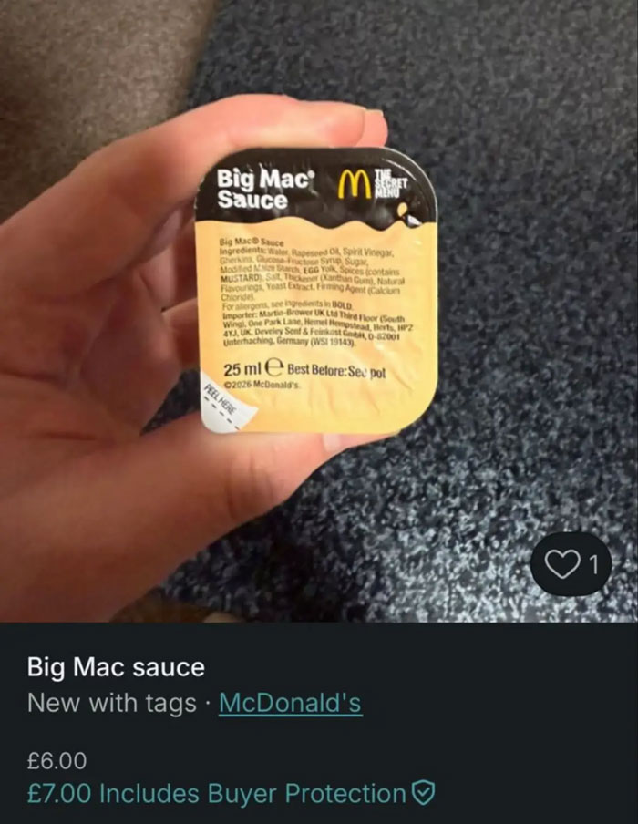 Hand holding a Big Mac sauce packet listed for sale on Vinted, showcasing hilarious unusual listings on Vinted.