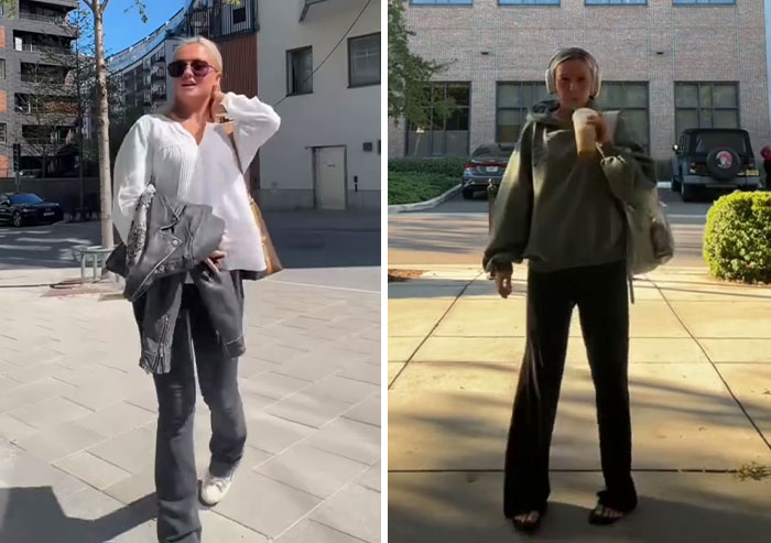 Woman showing before and after photos outdoors, illustrating the America effect and how the US changed her style and confidence.