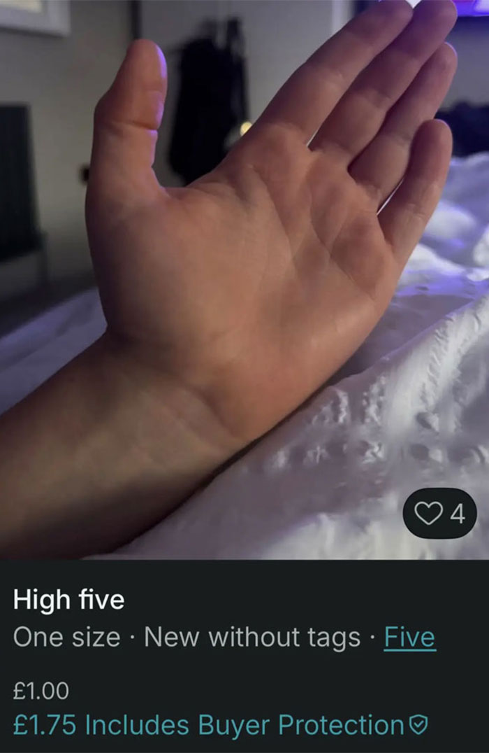 Close-up of a palm labeled as high five in a humorous Vinted listing showing unconventional items for sale.