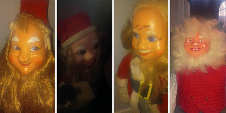 Four creepy vintage dolls with exaggerated facial features and unusual expressions, illustrating weird and unexplainable things.