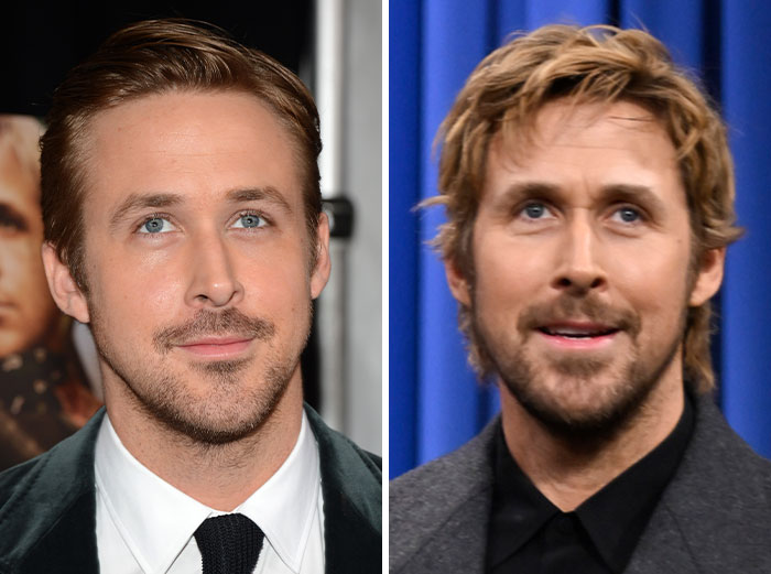 Side-by-side images of Ryan Gosling showing changes in appearance discussed by plastic surgeons about new looks.