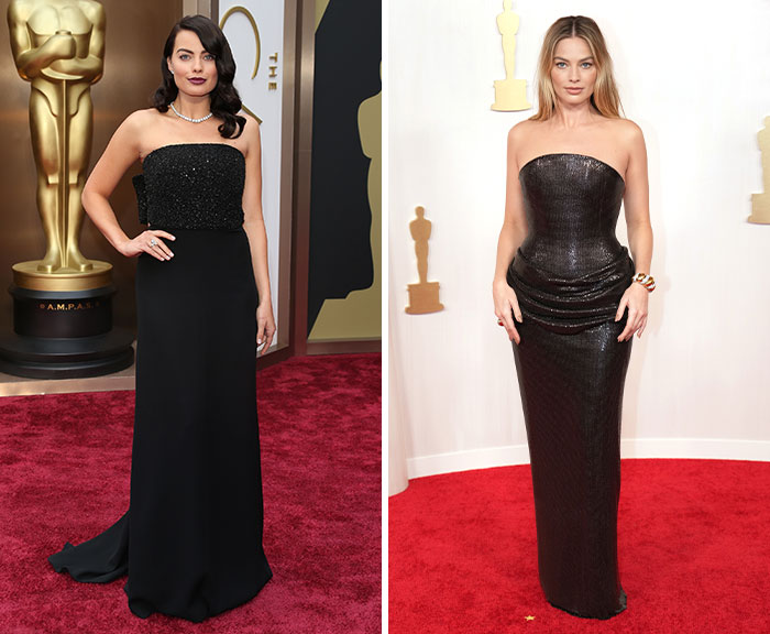Two actors wearing elegant black gowns on the red carpet at different Oscars events showing appearance changes.