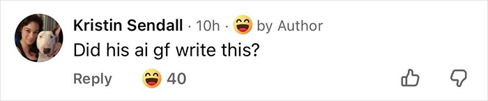 Comment by Kristin Sendall with laughing emoji reacting to a bizarre Zach Braff accusation on a social media post.