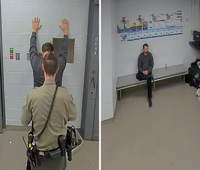 Man being searched by officer in jail and sitting alone in holding cell, related to Michelle Duggar heated confrontation.