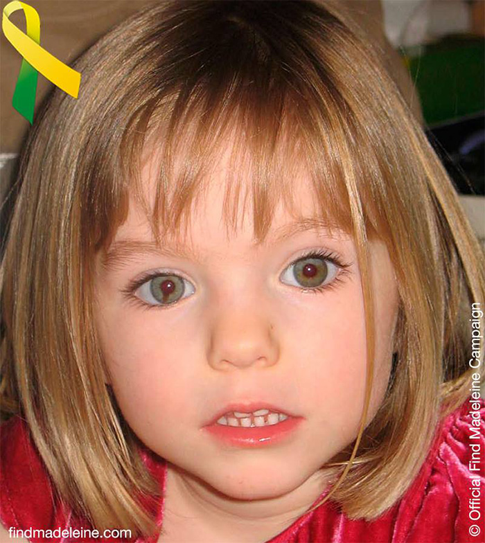 Close-up of young girl representing Madeleine McCann in search update with 19th anniversary approaching awareness ribbon visible.
