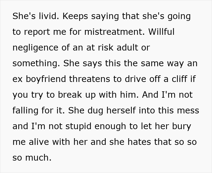 Text excerpt discussing a mom-work-drama-relationship-family conflict involving threats and emotional struggles.
