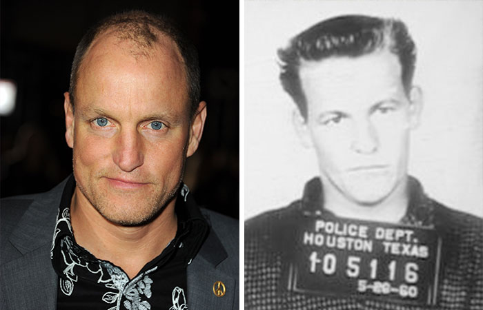 Actor Woody Harrelson in a modern portrait next to his vintage police mugshot, highlighting morbid celebrity facts and stories.