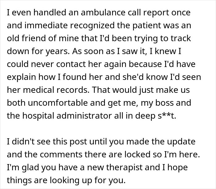 Text excerpt about a woman confused how coworkers know personal details, revealing her therapist is her boss's husband.