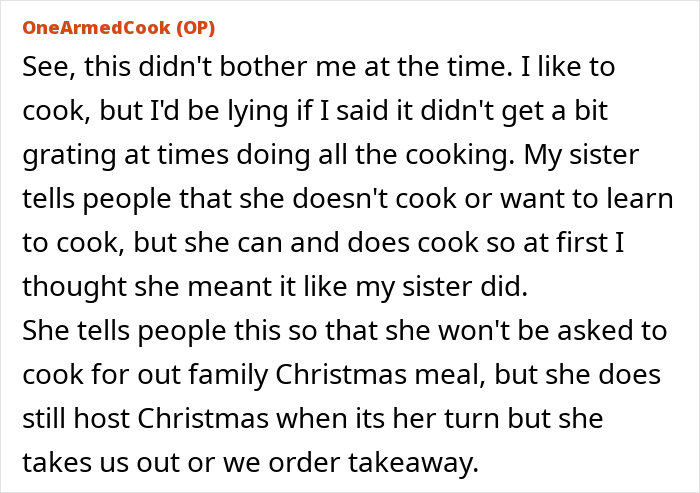 Text post excerpt from OneArmedCook about challenges cooking with one arm and family dynamics around meal preparation.