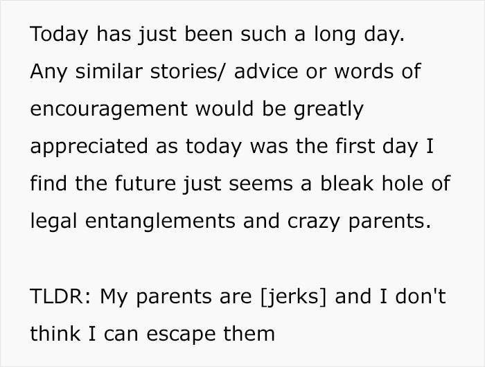 Text post describing a woman cutting off parents after catching mom with fiancé, facing difficult family and legal issues.