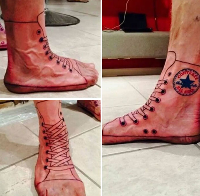 Tattoo ink fail of a foot designed to look like a worn Converse shoe, showcasing a permanent regret ink mistake.