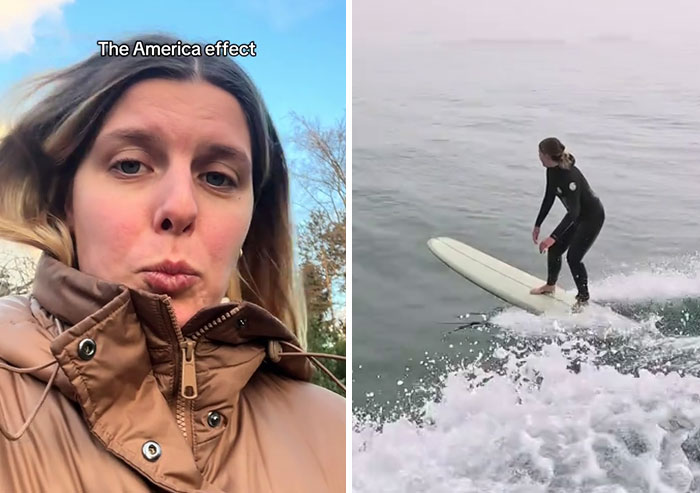 Side-by-side before and after photos of a woman showing the America effect transformation in the US lifestyle.