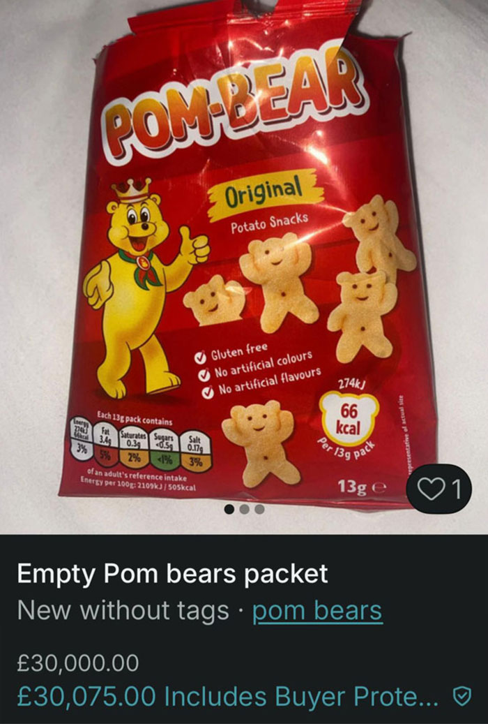 Empty Pom Bear packet listed on Vinted for an outrageous price, showcasing hilarious listings with zero rules on Vinted.