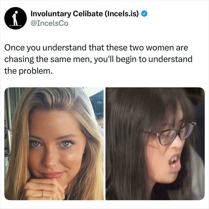 Tweet from Involuntary Celibate highlighting a comparison between two women, related to angry incels shamed online.
