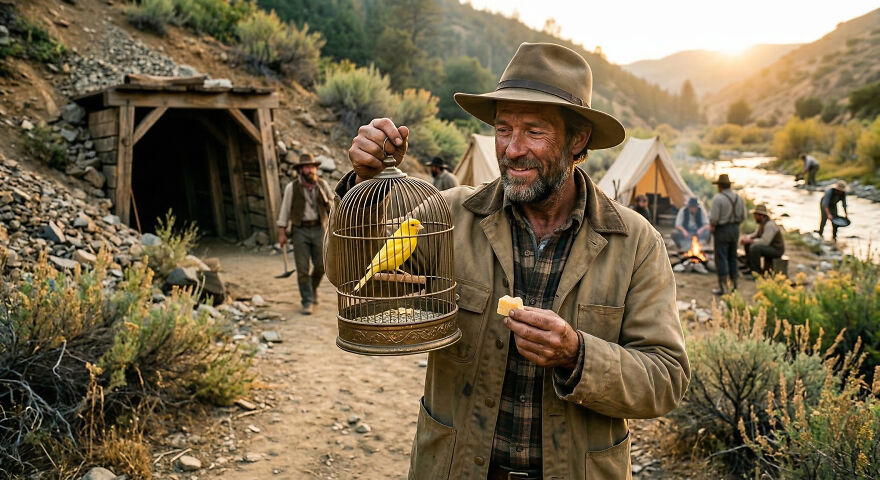 Man in a hat holding a birdcage with a yellow bird, illustrating weird animal laws in a rustic outdoor setting.