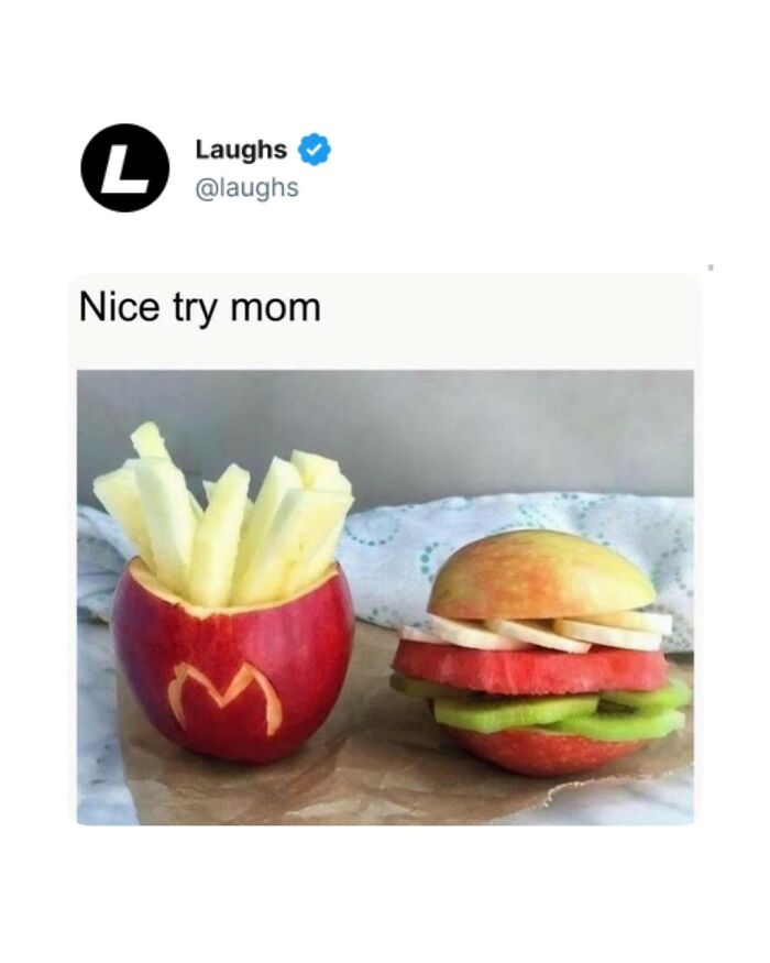 Funny memes showing healthy apple fries and fruit burger as a break from being a responsible adult.