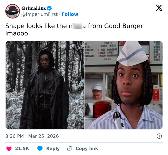 Tweet comparing a Harry Potter character to a scene from Good Burger, a popular meme among HBO Harry Potter series fans.