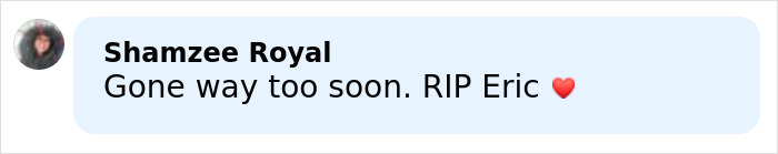 Comment by Shamzee Royal expressing condolences for Eric Dane&rsquo;s cause of passing and heartfelt loss with a red heart emoji.