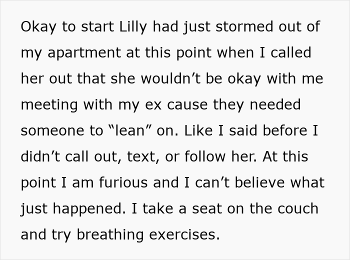Text screenshot showing a story about a boyfriend letting his girlfriend use his apartment to meet an old friend who turns out to be her ex.