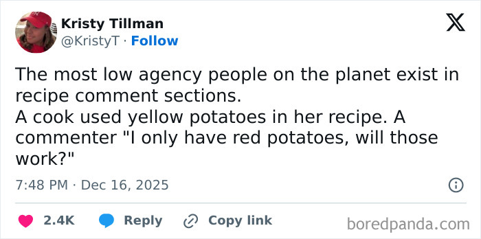 Tweet about low agency people in recipe comments, humorously highlighting relatable and funny memes about cooking and ingredients.