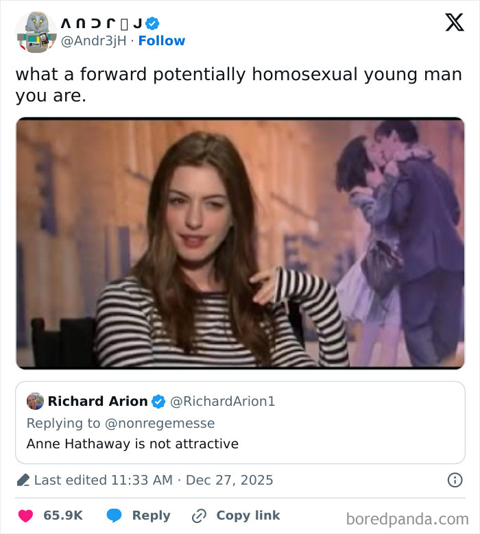 Actress Anne Hathaway in a striped shirt during a film industry interview, featured in movie and film industry memes.