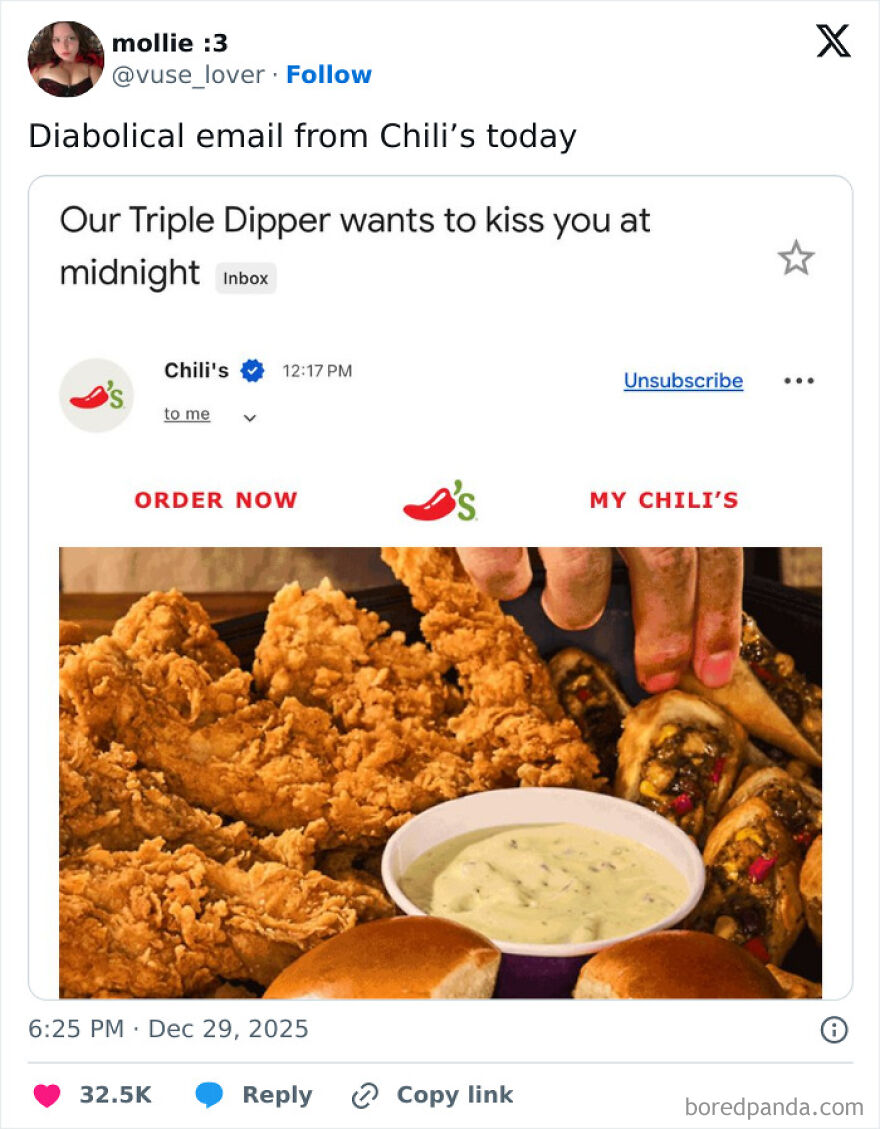 Email screenshot showing a funny promotional message from Chili’s with fried chicken and dipping sauce.