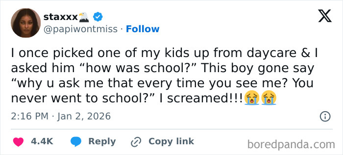 Tweet showing a grown-up humorously roasted by a kid with no filter, sharing an accidental funny moment.